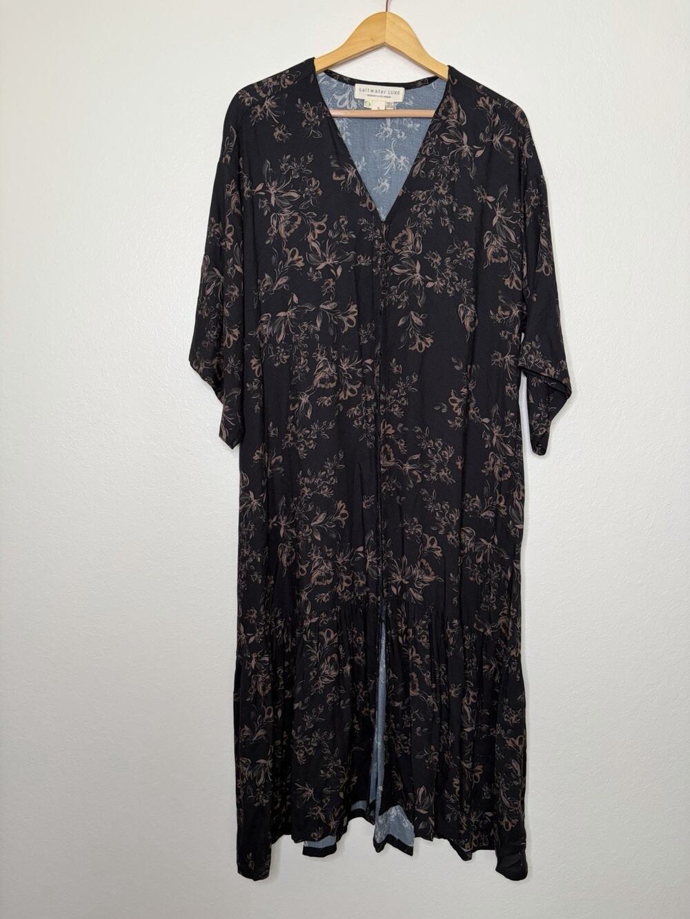 Saltwater Luxe Black Floral Rayon Midi Dress Size Small Boho Dark Whimsy Goth